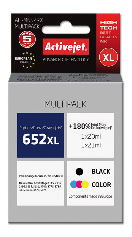 Activejet Ink Ah-M652RX (reemplazo HP 652 F6V25 / F6V24 - Premium - 1 X 20ML 1 X 21ML - Colour Black