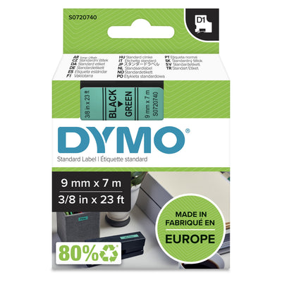 Dymo Tape Transferencia Thermal D1 40919. Black Sobre Green 9MMX7M. Poliester Self-adhesive — image 1