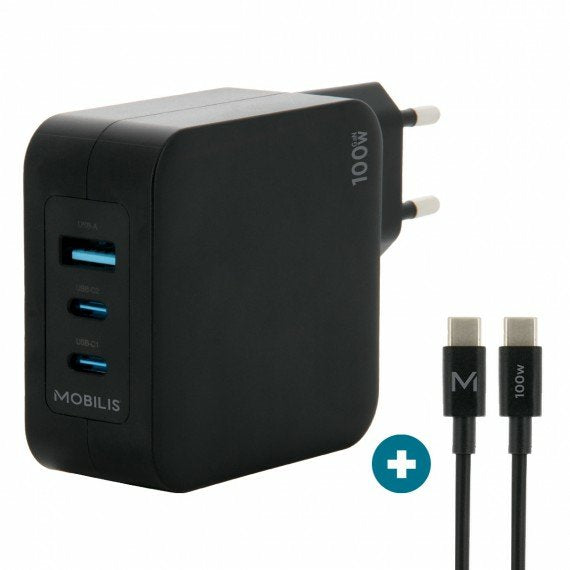Mobilis Charger 100W 2USB C 1USBA GaN Cable 100W Laptop Smartphone, Tablet Black Power Alterna Indoor