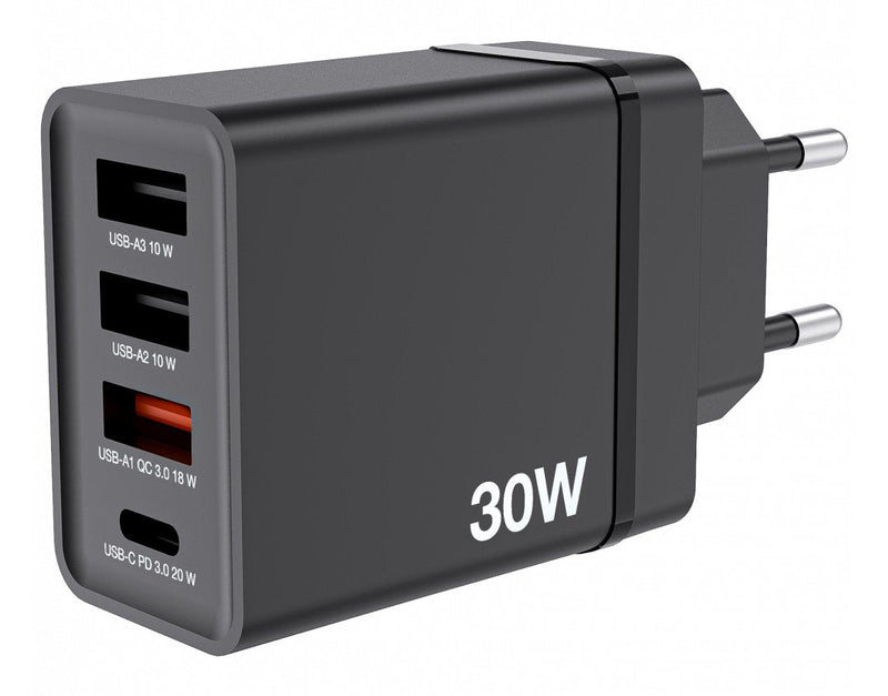 Verbatim Charger CHR-30EU1, 30W, GaN, Black 2x Usb-a, 1x USB-A Qc, 1x USB-C Pd