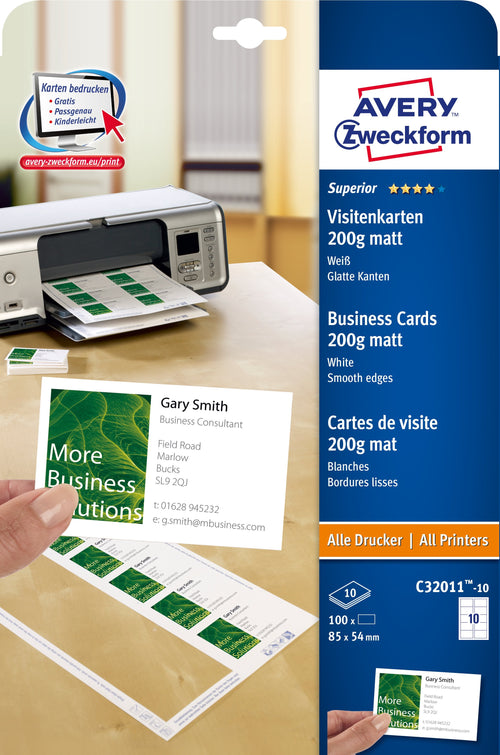 Avery Zweckform Visitenkarten C32011-10 Matte White 200G Qm, 100 Units — image 1