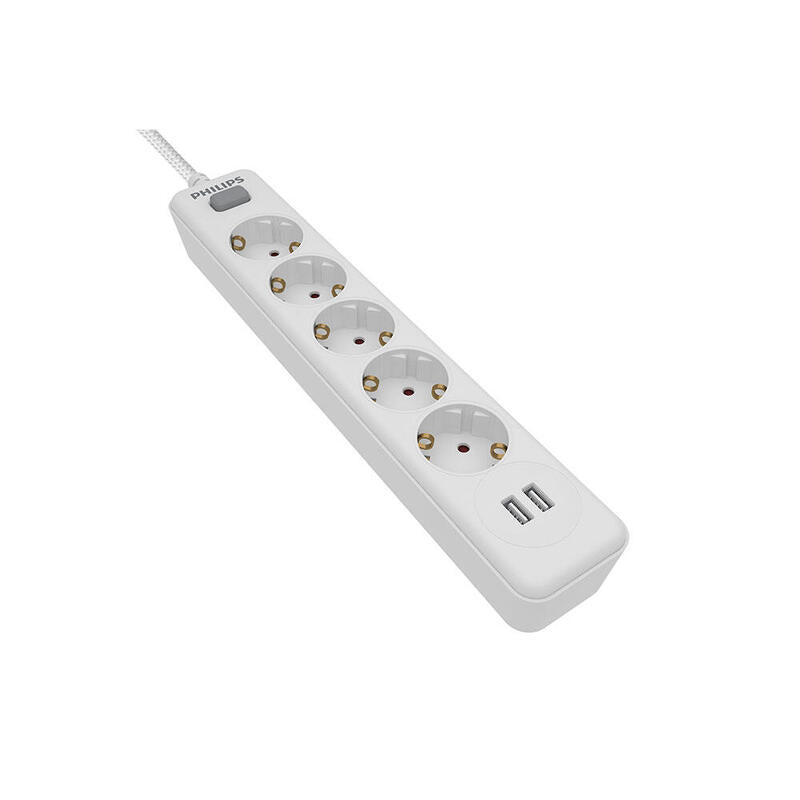 Philips Power Strip With Switch SPN3052WA 5 Sockets Power 2 USB Cable 2M White