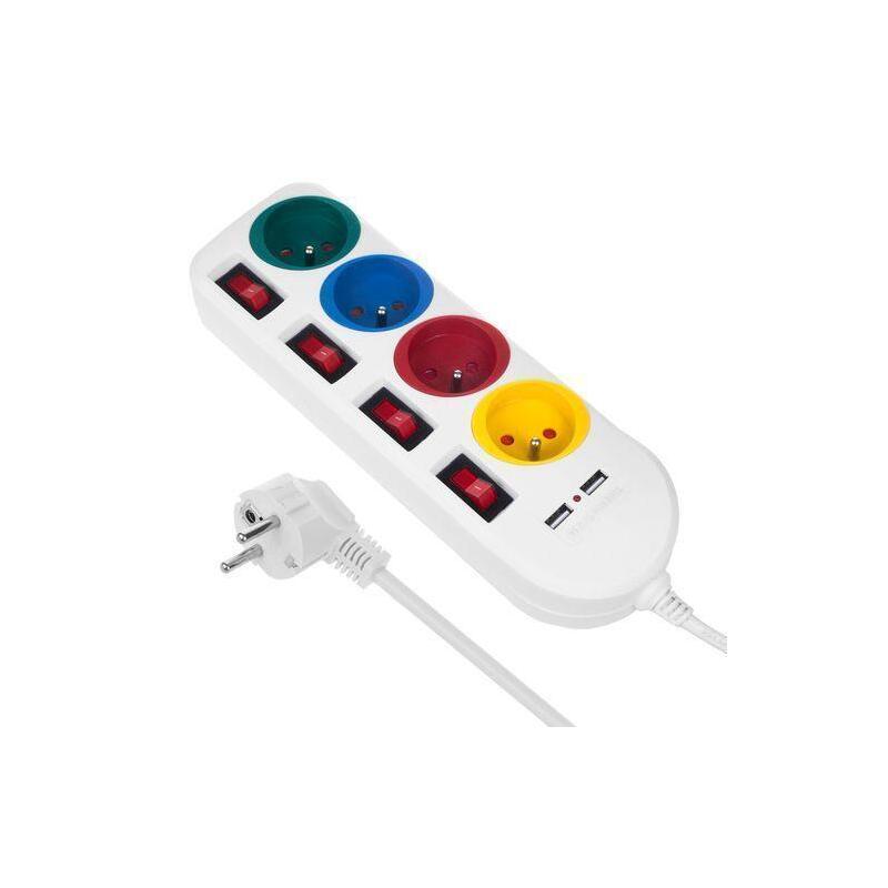 Power Strip With Switches 4 Plugs + 2x USB MCE229W White